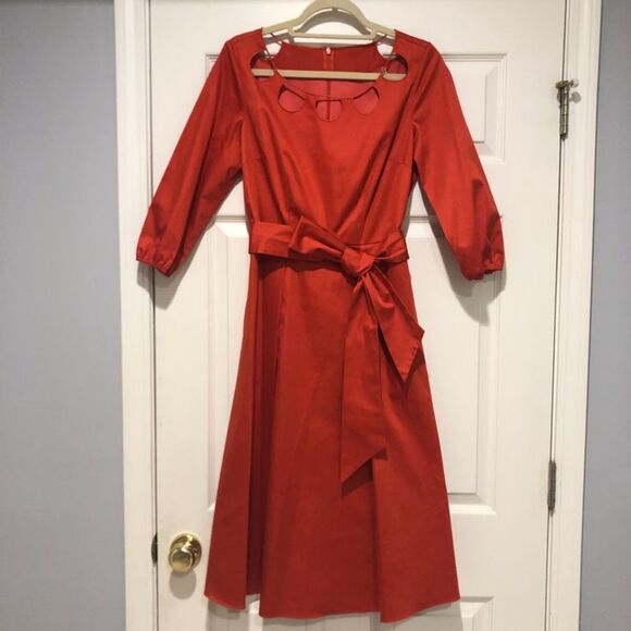 Elie Tahari Orange Midi Knee Length Fit Flare Pockets Belted Cotton Dress Size 6 - Picture 2 of 16